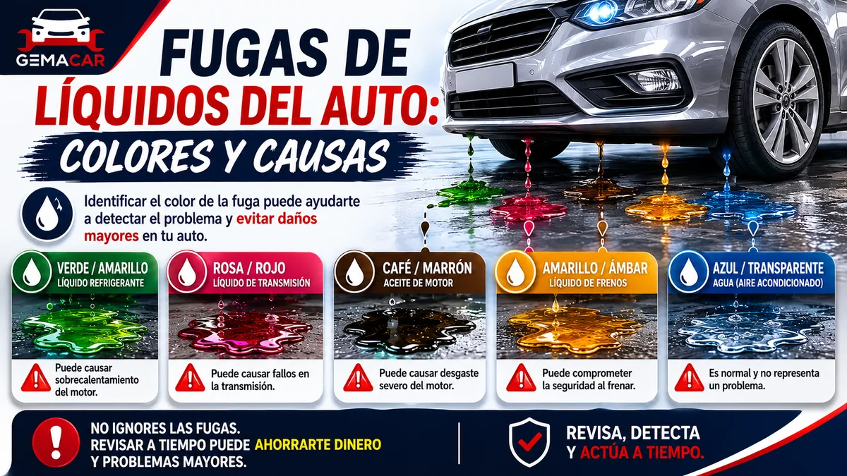 Fugas de líquidos del auto: colores, causas y qué revisar primero