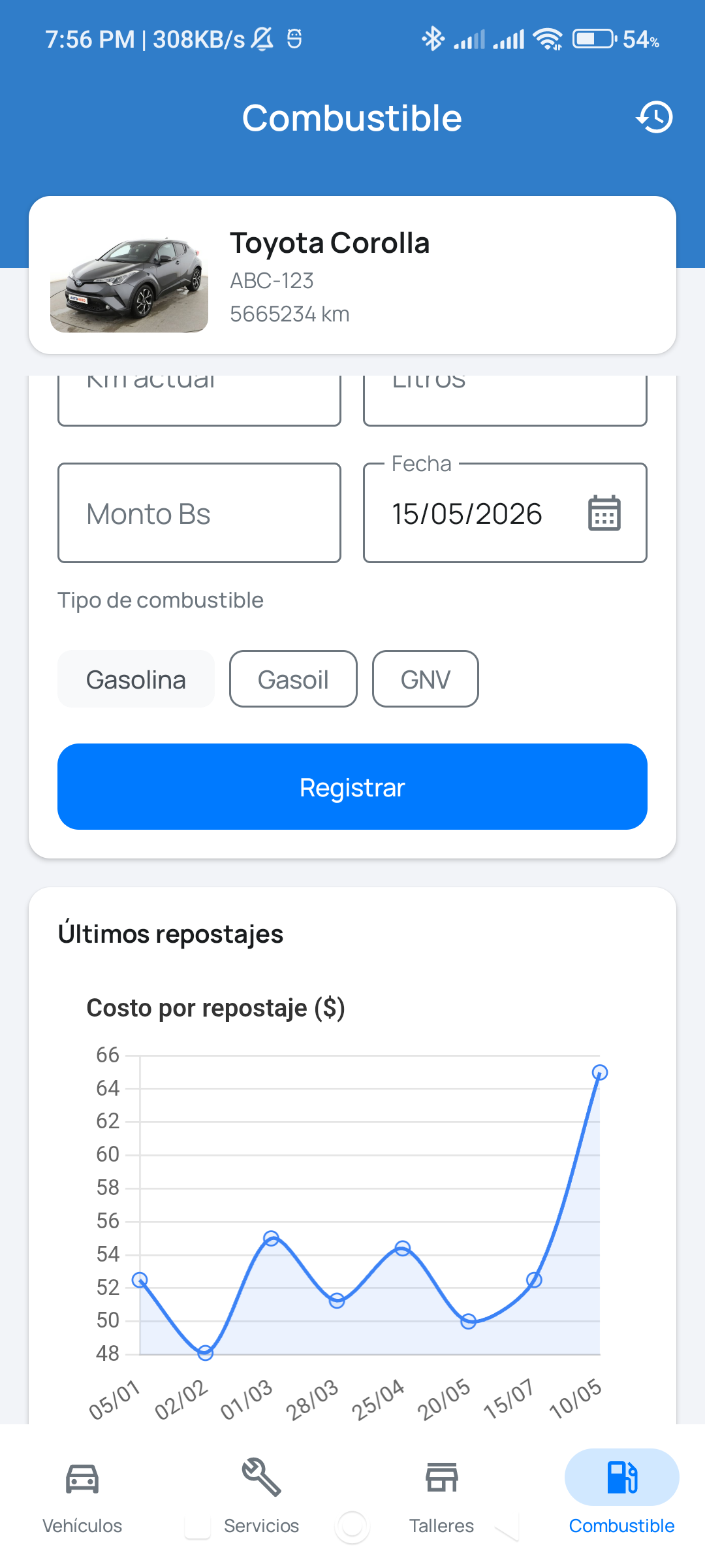Pantalla de Combustible en la app GemaCar