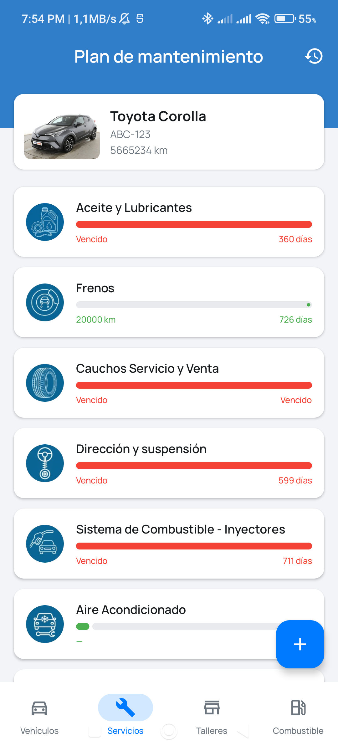 Plan de mantenimiento con servicios vencidos y al día