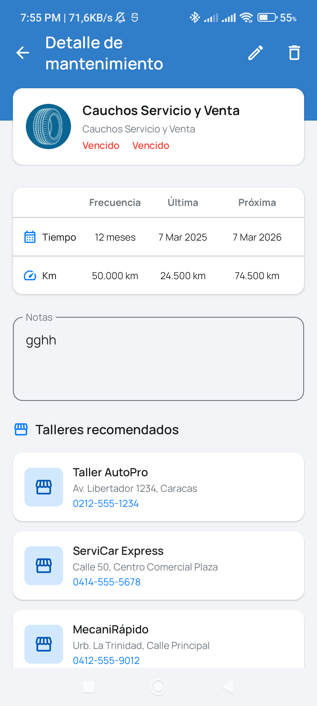 Detalle de un servicio con frecuencia, vencimientos y talleres recomendados