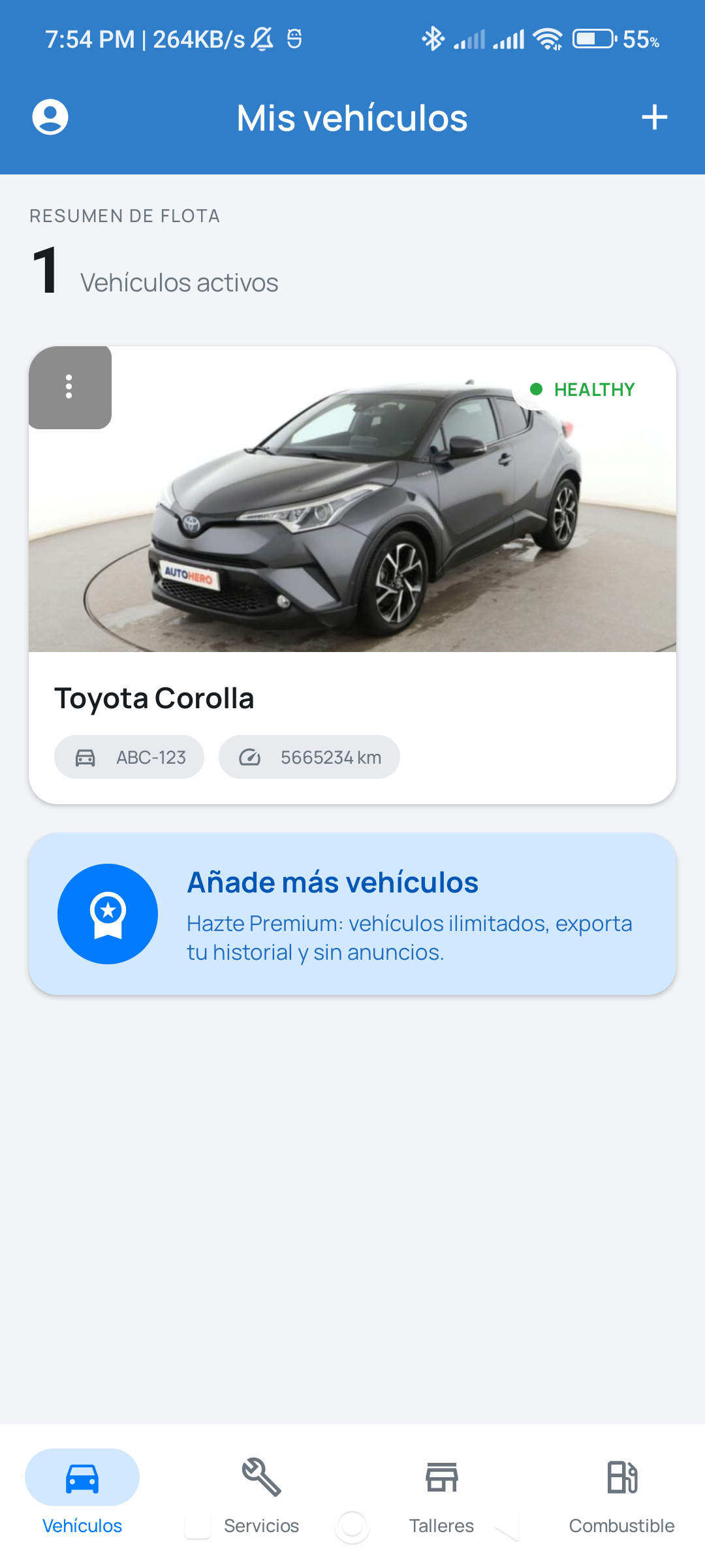 Pantalla Mis Vehículos con estado de salud del carro